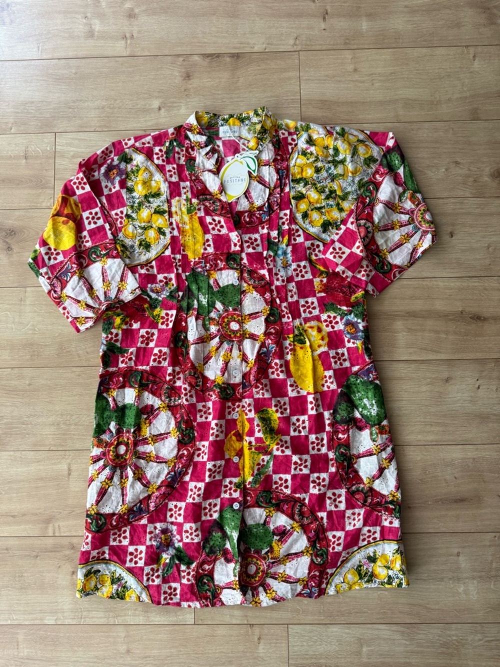 Bottega Positano Italian Cotton Shirt Dress Lemon Check Print Pleated NWT